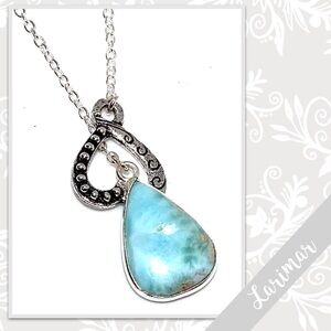 Larimar Eclectic Silver Artisan Lariat Heart Necklace, 19” Turquoise / Aqua Blue